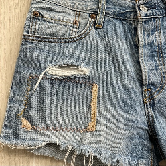 Levi's 501 Patchwork Denim Shorts Size 27 Bohemian Cut Off 90s Mid Rise - Picture 3 of 11